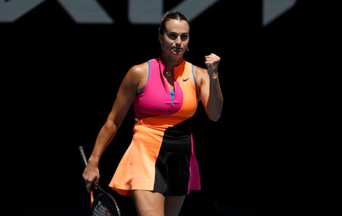TENNIS AUSTRALIAN OPEN, Aryna Sabalenka of Belarus celebrates after winning the Women™s 4th round match against Victoria Mboko of Canada on day 8 of the 2026 Australian Open tennis tournament at Melbourne Park in Melbourne, Sunday, January 25, 2026. ( NO ARCHIVING MELBOURNE VICTORIA AUSTRALIA  Copyright: xROBxPREZIOSOx 20260125132280504054