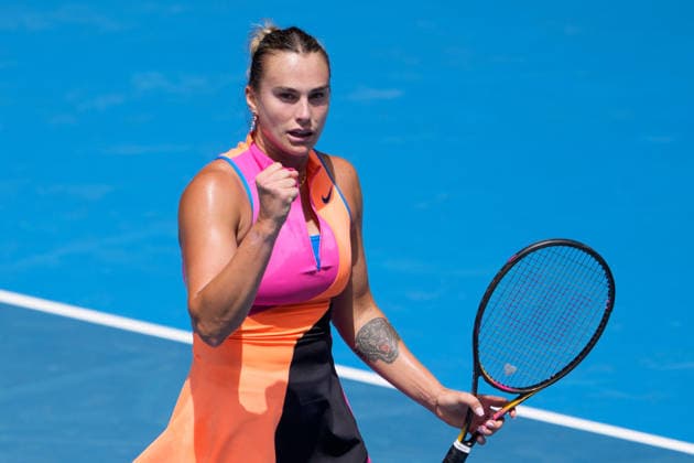January 25, 2026: 1st seed ARYNA SABALENKA of Belarus in action against 17th seed VICTORIA MBOKO of Canada on Rod Laver Arena in a Women s Singles 4th round match on day 8 of the 2026 Australian Open in Melbourne, Australia. Cal Media Melbourne Australia - ZUMAc04_ 20260125_faf_c04_002 Copyright: xSydneyxLowx