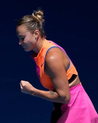 January 25, 2026: 1st seed ARYNA SABALENKA of Belarus in action against 17th seed VICTORIA MBOKO of Canada on Rod Laver Arena in a Women s Singles 4th round match on day 8 of the 2026 Australian Open in Melbourne, Australia. SABALENKA won 61 76. Cal Media Melbourne Australia - ZUMAc04_ 20260125_faf_c04_007 Copyright: xSydneyxLowx
