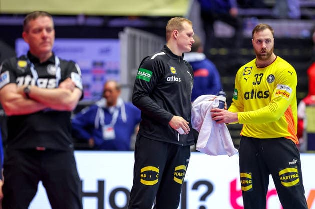 24 01 2026, Handball, Men s EHF EURO 2026, Germany Norway, Jyske Bank Boxen in Herning, Denmark, Main Round David Späth Germany 01 next to Andreas Wolff Germany 33 Denmark