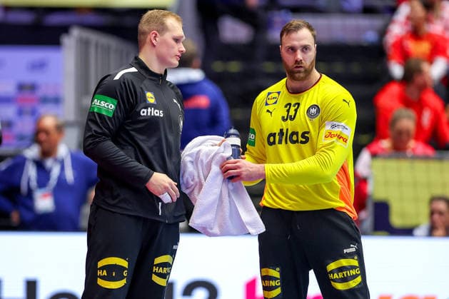 24 01 2026, Handball, Men s EHF EURO 2026, Germany Norway, Jyske Bank Boxen in Herning, Denmark, Main Round David Späth Germany 01 next to Andreas Wolff Germany 33 Denmark