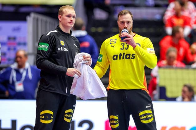 24 01 2026, Handball, Men s EHF EURO 2026, Germany Norway, Jyske Bank Boxen in Herning, Denmark, Main Round David Späth Germany 01 next to Andreas Wolff Germany 33 Denmark