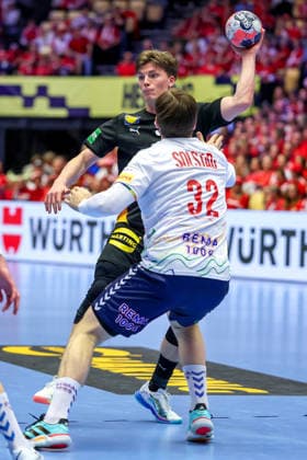 24 01 2026, Handball, Men s EHF EURO 2026, Germany Norway, Jyske Bank Boxing in Herning, Denmark, Main Round Nils Lichtlein Germany 03 in duel against Thomas Alfred Solstad Norway 32 Denmark