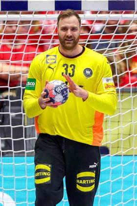 24 01 2026, Handball, Men s EHF EURO 2026, Germany Norway, Jyske Bank Boxen in Herning, Denmark, Main Round Andreas Wolff Germany 33 laughing after a parade Denmark