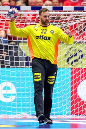 24 01 2026, Handball, Men s EHF EURO 2026, Germany Norway, Jyske Bank Boxen in Herning, Denmark, Main Round Andreas Wolff Germany 33 laughing after a parade Denmark
