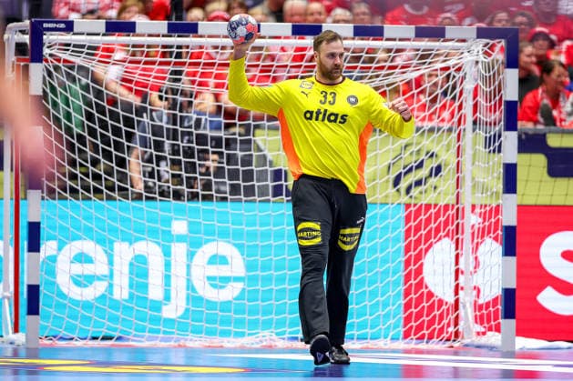 24 01 2026, Handball, Men s EHF EURO 2026, Germany Norway, Jyske Bank Boxen in Herning, Denmark, Main Round Andreas Wolff Germany 33 laughing after a parade Denmark