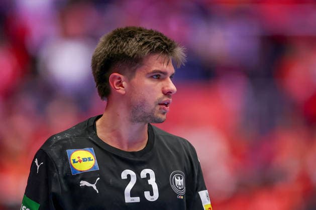 24 01 2026, Handball, Men s EHF EURO 2026, Germany Norway, Jyske Bank Boxen in Herning, Denmark, Main Round Renars Uscins Germany 23 Denmark