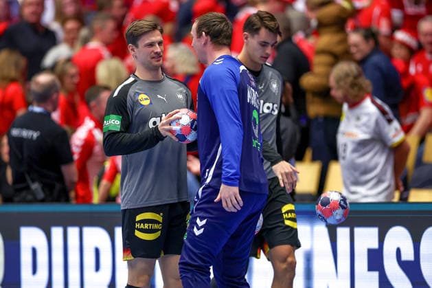 24 01 2026, Handball, Men s EHF EURO 2026, Germany Norway, Jyske Bank Boxen in Herning, Denmark, Main Round Rune Dahmke Germany 34 next to Sander Sagosen Norway 05 Denmark