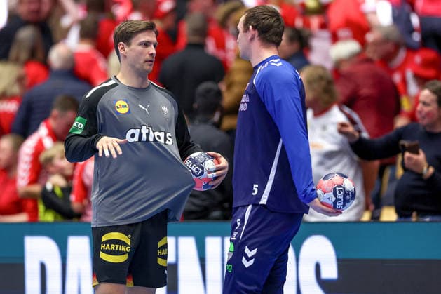24 01 2026, Handball, Men s EHF EURO 2026, Germany Norway, Jyske Bank Boxen in Herning, Denmark, Main Round Rune Dahmke Germany 34 next to Sander Sagosen Norway 05 Denmark