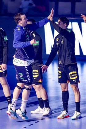 24 01 2026, Handball, Men s EHF EURO 2026, Germany Norway, Jyske Bank Boxen in Herning, Denmark, Main Round Rune Dahmke Germany 34 next to Sander Sagosen Norway 05 Denmark