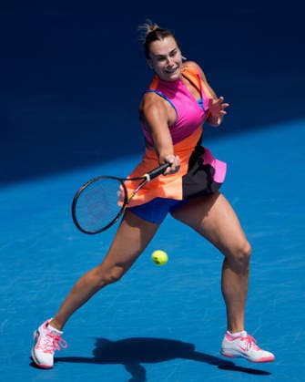 January 25, 2026, Melbourne, Australia: 1st seed ARYNA SABALENKA of Belarus in action against 17th seed Victoria Mboko of Canada on Rod Laver Arena in a Women s Singles 4th round match on day 8 of the 2026 Australian Open in Melbourne. Sabalenka won 6-1 7-6. Melbourne Australia - ZUMAc04_ 20260125_faf_c04_003 Copyright: xSydneyxLowx