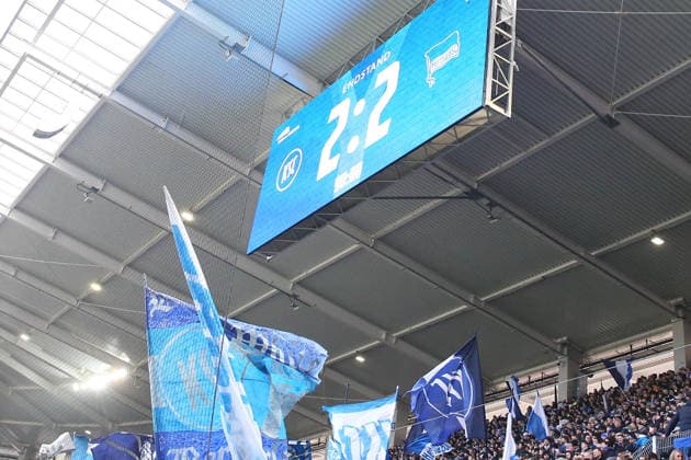 24 01 2026, xrekx, Soccer 2 Bundesliga, Karlsruher SC Hertha BSC Berlin v l Scoreboard, Videowall, Scoreboard, Info, Advertising Final Score 2 2 DFL DFB REGULATIONS PROHIBIT ANY USE OF PHOTOGRAPHS as IMAGE SEQUENCES and or QUASI VIDEO Karlsruhe