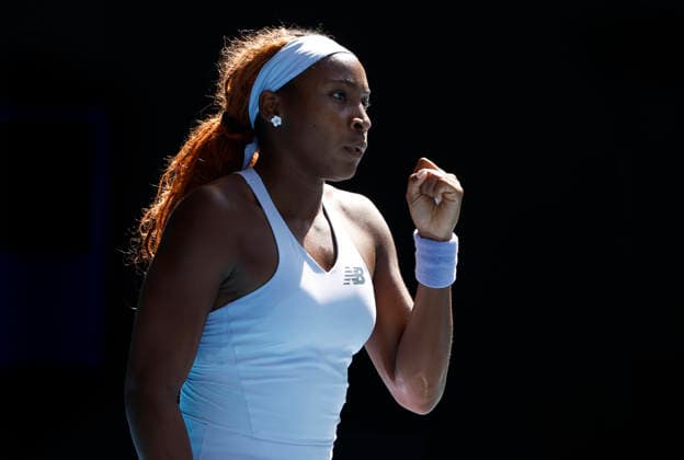 TENNIS AUSTRALIAN OPEN, Coco Gauff of USA in reacts during the Women™s 4th round match against Karolina Muchova of the Czech Republic on day 8 of the 2026 Australian Open tennis tournament at Melbourne Park in Melbourne, Sunday, January 25, 2026. ( NO ARCHIVING MELBOURNE VICTORIA AUSTRALIA  Copyright: xROBxPREZIOSOx 20260125115408289034