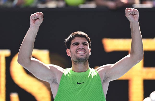 TENNIS AUSTRALIAN OPEN, Carlos Alcaraz of Spain celebrates winning the Men™s 4th round match against Tommy Paul of USA on day 8 of the 2026 Australian Open tennis tournament at Melbourne Park in Melbourne, Sunday, January 25, 2026. ( NO ARCHIVING MELBOURNE VICTORIA AUSTRALIA  Copyright: xJAMESxROSSx 20260125122577073390