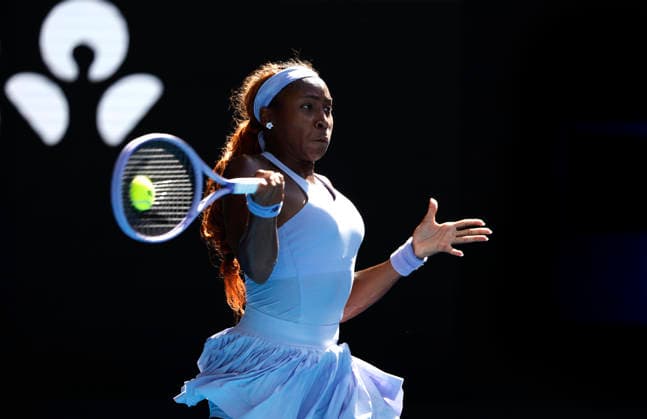 TENNIS AUSTRALIAN OPEN, Coco Gauff of USA in action during the Women™s 4th round match against Karolina Muchova of the Czech Republic on day 8 of the 2026 Australian Open tennis tournament at Melbourne Park in Melbourne, Sunday, January 25, 2026. ( NO ARCHIVING MELBOURNE VICTORIA AUSTRALIA  Copyright: xROBxPREZIOSOx 20260125162263174545
