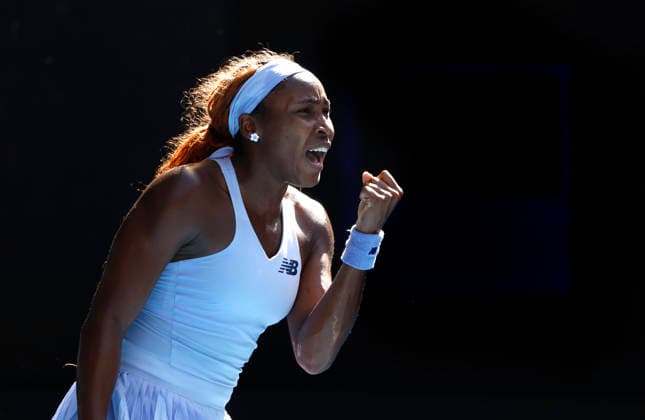 TENNIS AUSTRALIAN OPEN, Coco Gauff of USA reacts during the Women™s 4th round match against Karolina Muchova of the Czech Republic on day 8 of the 2026 Australian Open tennis tournament at Melbourne Park in Melbourne, Sunday, January 25, 2026. ( NO ARCHIVING MELBOURNE VICTORIA AUSTRALIA  Copyright: xROBxPREZIOSOx 20260125135896270415