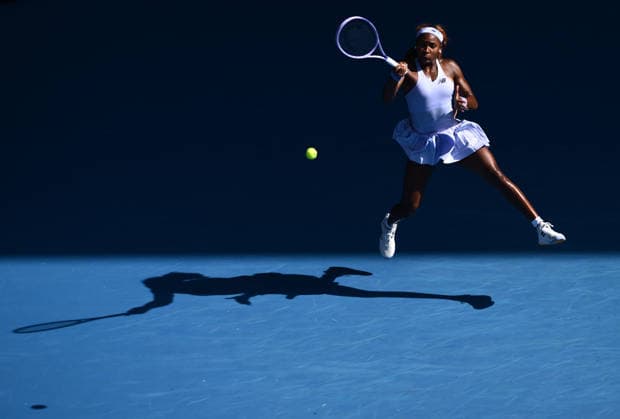 TENNIS AUSTRALIAN OPEN, Coco Gauff of USA in action during the Women™s 4th round match against Karolina Muchova of the Czech Republic on day 8 of the 2026 Australian Open tennis tournament at Melbourne Park in Melbourne, Sunday, January 25, 2026. ( NO ARCHIVING MELBOURNE VICTORIA AUSTRALIA  Copyright: xJOELxCARRETTx 20260125172156555139