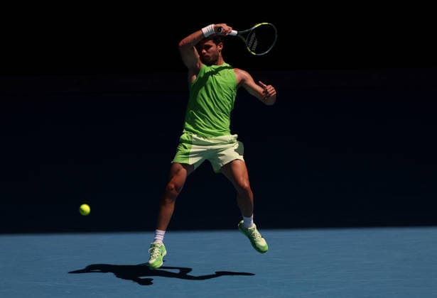 Carlos Alcaraz of Spain in action Australian Open tennis tournament, Day Eight, Melbourne Park, Australia - 25 Jan 2026Melbourne Melbourne Park Victoria (VIC) Australia  Copyright: xEllaxLing Shutterstockx 16380468p