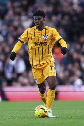 London, England, 24th January 2026. Carlos Baleba of Brighton during the Fulham vs Brighton and Hove Albion Premier League match at Craven Cottage, London. Picture credit should read: David Klein Sportimage EDITORIAL USE ONLY. No use with unauthorised audio, video, data, fixture lists, club league logos or live services. Online in-match use limited to 120 images, no video emulation. No use in betting, games or single club league player publications. SPI_078_DK_FULHAM_BRIGHTON SPI-4482-0070