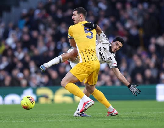 London, England, 24th January 2026. Raul JimÃ nez of Fulham with Lewis Dunk of Brighton during the Fulham vs Brighton and Hove Albion Premier League match at Craven Cottage, London. Picture credit should read: David Klein Sportimage EDITORIAL USE ONLY. No use with unauthorised audio, video, data, fixture lists, club league logos or live services. Online in-match use limited to 120 images, no video emulation. No use in betting, games or single club league player publications. SPI_083_DK_FULHAM_BRIGHTON SPI-4482-0075