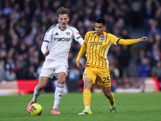 London, England, 24th January 2026. Sander Berge of Fulham with Diego Gomez of Brighton during the Fulham vs Brighton and Hove Albion Premier League match at Craven Cottage, London. Picture credit should read: David Klein Sportimage EDITORIAL USE ONLY. No use with unauthorised audio, video, data, fixture lists, club league logos or live services. Online in-match use limited to 120 images, no video emulation. No use in betting, games or single club league player publications. SPI_088_DK_FULHAM_BRIGHTON SPI-4482-0080
