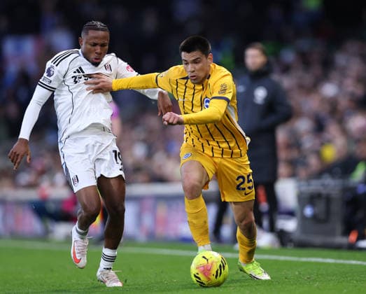 London, England, 24th January 2026. Samuel Chukwueze of Fulham with Diego Gomez of Brighton during the Fulham vs Brighton and Hove Albion Premier League match at Craven Cottage, London. Picture credit should read: David Klein Sportimage EDITORIAL USE ONLY. No use with unauthorised audio, video, data, fixture lists, club league logos or live services. Online in-match use limited to 120 images, no video emulation. No use in betting, games or single club league player publications. SPI_095_DK_FULHAM_BRIGHTON SPI-4482-0088