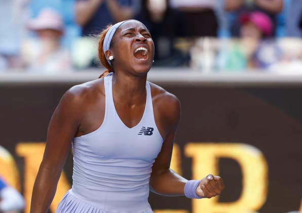 TENNIS AUSTRALIAN OPEN, Coco Gauff of USA celebrates winning the Women™s 4th round match against Karolina Muchova of the Czech Republic on day 8 of the 2026 Australian Open tennis tournament at Melbourne Park in Melbourne, Sunday, January 25, 2026. ( NO ARCHIVING MELBOURNE VICTORIA AUSTRALIA  Copyright: xROBxPREZIOSOx 20260125125804714591