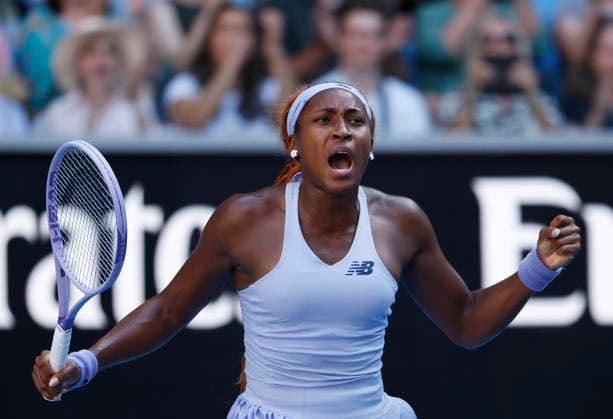 TENNIS AUSTRALIAN OPEN, Coco Gauff of USA celebrates winning the Women™s 4th round match against Karolina Muchova of the Czech Republic on day 8 of the 2026 Australian Open tennis tournament at Melbourne Park in Melbourne, Sunday, January 25, 2026. ( NO ARCHIVING MELBOURNE VICTORIA AUSTRALIA  Copyright: xJOELxCARRETTx 20260125124939917138