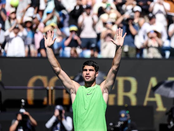 (260125) -- MELBOURNE, Jan. 25, 2026 -- Carlos Alcaraz of Spain reacts after the men s singles 4th round match between Carlos Alcaraz of Spain and Tommy Paul of the United States at the Australian Open tennis tournament in Melbourne, Australia, Jan. 25, 2026. ) (SP)AUSTRALIA-MELBOURNE-TENNIS-AUSTRALIAN OPEN-MEN S SINGLES MaxPing 