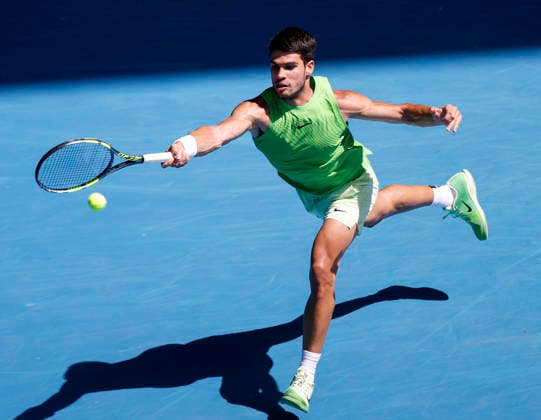 (260125) -- MELBOURNE, Jan. 25, 2026 -- Carlos Alcaraz of Spain competes during the men s singles 4th round match between Carlos Alcaraz of Spain and Tommy Paul of the United States at the Australian Open tennis tournament in Melbourne, Australia, Jan. 25, 2026. ) (SP)AUSTRALIA-MELBOURNE-TENNIS-AUSTRALIAN OPEN-MEN S SINGLES MaxPing 