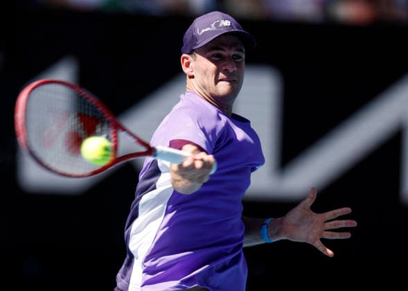 (260125) -- MELBOURNE, Jan. 25, 2026 -- Tommy Paul of the United States competes during the men s singles 4th round match between Carlos Alcaraz of Spain and Tommy Paul of the United States at the Australian Open tennis tournament in Melbourne, Australia, Jan. 25, 2026. ) (SP)AUSTRALIA-MELBOURNE-TENNIS-AUSTRALIAN OPEN-MEN S SINGLES MaxPing 