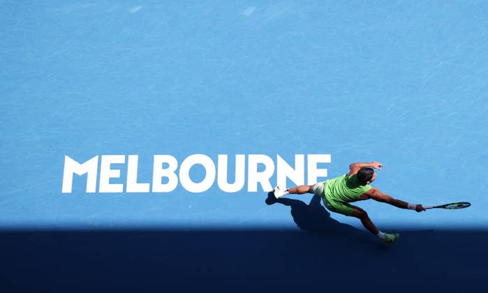 (260125) -- MELBOURNE, Jan. 25, 2026 -- Carlos Alcaraz of Spain competes during the men s singles 4th round match between Carlos Alcaraz of Spain and Tommy Paul of the United States at the Australian Open tennis tournament in Melbourne, Australia, Jan. 25, 2026. ) (SP)AUSTRALIA-MELBOURNE-TENNIS-AUSTRALIAN OPEN-MEN S SINGLES MaxPing 