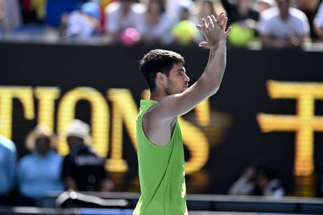 Australian Open 2026 MELBOURNE, AUSTRALIA - JANUARY 25: Carlos Alcaraz (ESP) reaction after winning the match against Tommy Paul (USA) (not seen) during round 4 at the Australian Open grand slam tennis tournament at Melbourne Park in Melbourne, Australia on January 25, 2026 Mark Avellino Anadolu Melbourne Australia. Editorial use only. Please get in touch for any other usage.  Copyright: x2026xAnadoluxMarkxAvellinox