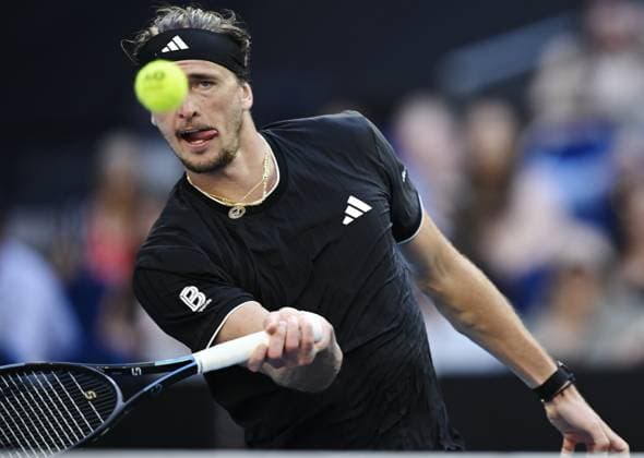 (260125) -- MELBOURNE, Jan. 25, 2026 -- Alexander Zverev hits a return during the men s singles 4th round match between Alexander Zverev of Germany and Francisco Cerundolo of Argentina at the Australian Open tennis tournament in Melbourne, Australia, Jan. 25, 2026. (Photo by Xinhua) (SP)AUSTRALIA-MELBOURNE-TENNIS-AUSTRALIAN OPEN-MEN S SINGLES WangxShen 