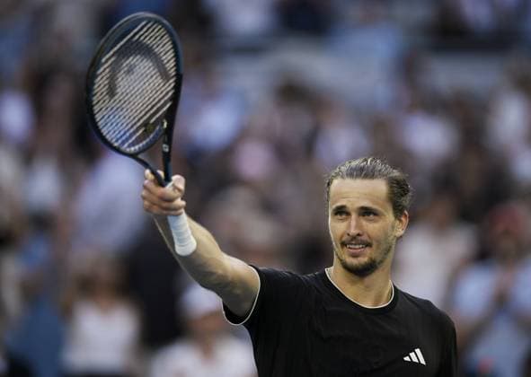 (260125) -- MELBOURNE, Jan. 25, 2026 -- Alexander Zverev celebrates winning the men s singles 4th round match between Alexander Zverev of Germany and Francisco Cerundolo of Argentina at the Australian Open tennis tournament in Melbourne, Australia, Jan. 25, 2026. (Photo by Xinhua) (SP)AUSTRALIA-MELBOURNE-TENNIS-AUSTRALIAN OPEN-MEN S SINGLES WangxShen 