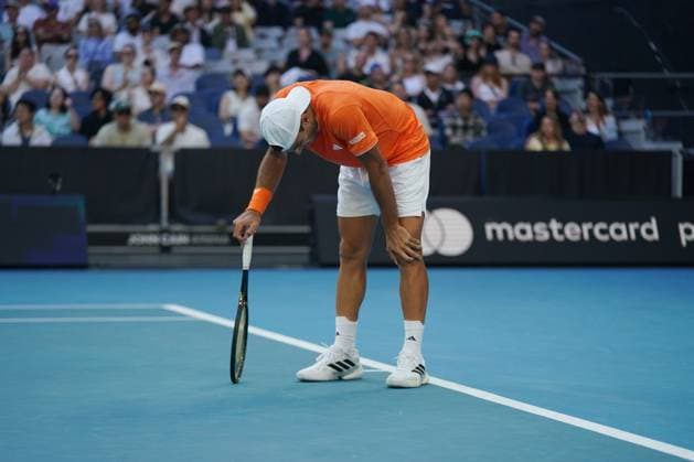 (260125) -- MELBOURNE, Jan. 25, 2026 -- Francisco Cerundolo reacts during the men s singles 4th round match between Alexander Zverev of Germany and Francisco Cerundolo of Argentina at the Australian Open tennis tournament in Melbourne, Australia, Jan. 25, 2026. (Photo by Xinhua) (SP)AUSTRALIA-MELBOURNE-TENNIS-AUSTRALIAN OPEN-MEN S SINGLES WangxShen 