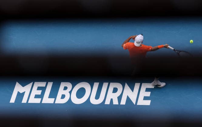 (260125) -- MELBOURNE, Jan. 25, 2026 -- Francisco Cerundolo hits a return during the men s singles 4th round match between Alexander Zverev of Germany and Francisco Cerundolo of Argentina at the Australian Open tennis tournament in Melbourne, Australia, Jan. 25, 2026. ) (SP)AUSTRALIA-MELBOURNE-TENNIS-AUSTRALIAN OPEN-MEN S SINGLES MaxPing 