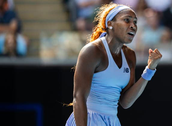 (260125) -- MELBOURNE, Jan. 25, 2026 -- Coco Gauff celebrates scoring during the women s singles 4th round match between Coco Gauff of the United States and Karolina Muchova of the Czech Republic at the Australian Open tennis tournament in Melbourne, Australia, Jan. 25, 2026. (Photo by Xinhua) (SP)AUSTRALIA-MELBOURNE-TENNIS-AUSTRALIAN OPEN-WOMEN S SINGLES HuxJingchen 