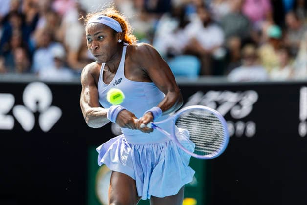 (260125) -- MELBOURNE, Jan. 25, 2026 -- Coco Gauff hits a return during the women s singles 4th round match between Coco Gauff of the United States and Karolina Muchova of the Czech Republic at the Australian Open tennis tournament in Melbourne, Australia, Jan. 25, 2026. (Photo by Xinhua) (SP)AUSTRALIA-MELBOURNE-TENNIS-AUSTRALIAN OPEN-WOMEN S SINGLES HuxJingchen 