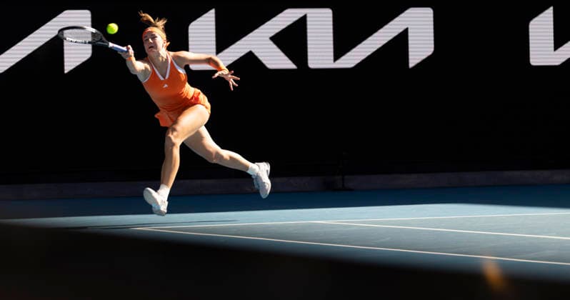 (260125) -- MELBOURNE, Jan. 25, 2026 -- Karolina Muchova hits a return during the women s singles 4th round match between Coco Gauff of the United States and Karolina Muchova of the Czech Republic at the Australian Open tennis tournament in Melbourne, Australia, Jan. 25, 2026. (Photo by Xinhua) (SP)AUSTRALIA-MELBOURNE-TENNIS-AUSTRALIAN OPEN-WOMEN S SINGLES HuxJingchen 