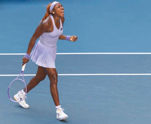 (260125) -- MELBOURNE, Jan. 25, 2026 -- Coco Gauff celebrates winning the women s singles 4th round match between Coco Gauff of the United States and Karolina Muchova of the Czech Republic at the Australian Open tennis tournament in Melbourne, Australia, Jan. 25, 2026. (Photo by Xinhua) (SP)AUSTRALIA-MELBOURNE-TENNIS-AUSTRALIAN OPEN-WOMEN S SINGLES HuxJingchen 