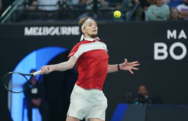 (260125) -- MELBOURNE, Jan. 25, 2026 -- Alexander Bublik hits a return during the men s singles 4th round match between Alex de Minaur of Australia and Alexander Bublik of Kazakhstan at the Australian Open tennis tournament in Melbourne, Australia, Jan. 25, 2026. (Photo by Xinhua) (SP)AUSTRALIA-MELBOURNE-TENNIS-AUSTRALIAN OPEN-MEN S SINGLES WangxShen 