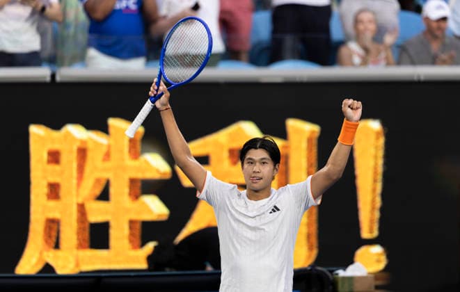 (260125) -- MELBOURNE, Jan. 25, 2026 -- Learner Tien celebrates winning the men s singles 4th round match between Daniil Medvedev of Russia and Learner Tien of the United States at the Australian Open tennis tournament in Melbourne, Australia, Jan. 25, 2026. (Photo by Xinhua) (SP)AUSTRALIA-MELBOURNE-TENNIS-AUSTRALIAN OPEN-MEN S SINGLES HuxJingchen 