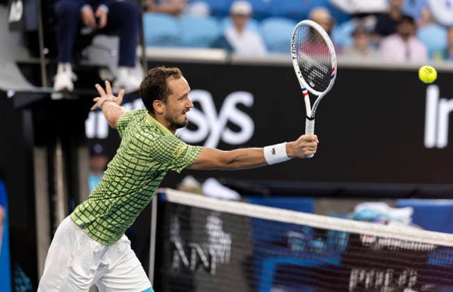 (260125) -- MELBOURNE, Jan. 25, 2026 -- Daniil Medvedev hits a return during the men s singles 4th round match between Daniil Medvedev of Russia and Learner Tien of the United States at the Australian Open tennis tournament in Melbourne, Australia, Jan. 25, 2026. (Photo by Xinhua) (SP)AUSTRALIA-MELBOURNE-TENNIS-AUSTRALIAN OPEN-MEN S SINGLES HuxJingchen 