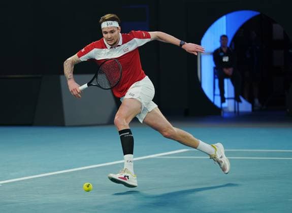 (260125) -- MELBOURNE, Jan. 25, 2026 -- Alexander Bublik hits a return during the men s singles 4th round match between Alex de Minaur of Australia and Alexander Bublik of Kazakhstan at the Australian Open tennis tournament in Melbourne, Australia, Jan. 25, 2026. (Photo by Xinhua) (SP)AUSTRALIA-MELBOURNE-TENNIS-AUSTRALIAN OPEN-MEN S SINGLES WangxShen 
