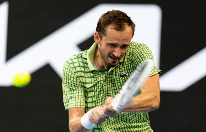 (260125) -- MELBOURNE, Jan. 25, 2026 -- Daniil Medvedev hits a return during the men s singles 4th round match between Daniil Medvedev of Russia and Learner Tien of the United States at the Australian Open tennis tournament in Melbourne, Australia, Jan. 25, 2026. (Photo by Xinhua) (SP)AUSTRALIA-MELBOURNE-TENNIS-AUSTRALIAN OPEN-MEN S SINGLES HuxJingchen 