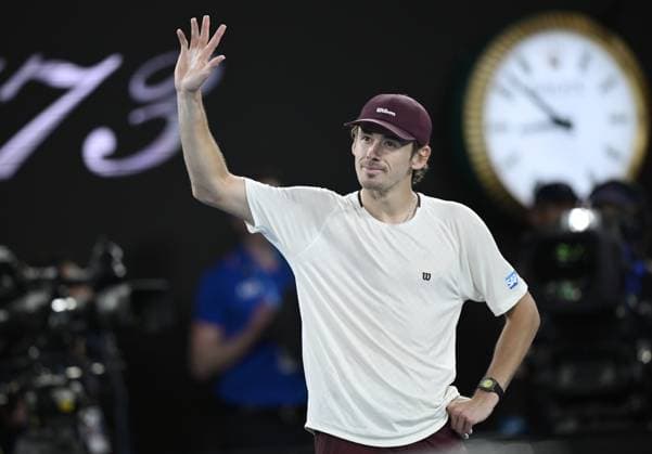 (260125) -- MELBOURNE, Jan. 25, 2026 -- Alex de Minaur celebrates winning the men s singles 4th round match between Alex de Minaur of Australia and Alexander Bublik of Kazakhstan at the Australian Open tennis tournament in Melbourne, Australia, Jan. 25, 2026. (Photo by Xinhua) (SP)AUSTRALIA-MELBOURNE-TENNIS-AUSTRALIAN OPEN-MEN S SINGLES WangxShen 