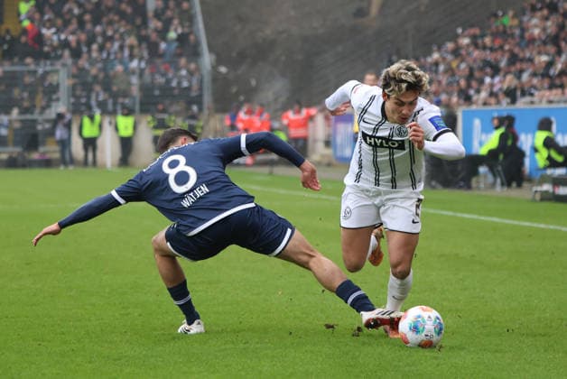 25 01 2026, Football, Men, 2 Bundesliga, Season 2025 2026, SV 07 Elversberg VfL Bochum 1848, Nicholas Mickelson SV 07 Elversberg , Kjell Arik Wätjen VfL Bochum 1848 Elversberg Ursapharm Arena an der Kaiserlinde Saarland Germany DEU Copyright: xSebastianxBachx