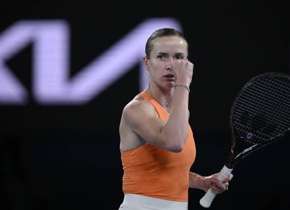 (260125) -- MELBOURNE, Jan. 25, 2026 -- Elina Svitolina celebrates scoring during the women s singles 4th round match between Elina Svitolina of Ukraine and Mirra Andreeva of Russia at the Australian Open tennis tournament in Melbourne, Australia, Jan. 25, 2026. (Photo by Xinhua) (SP)AUSTRALIA-MELBOURNE-TENNIS-AUSTRALIAN OPEN-WOMEN S SINGLES WangxShen 