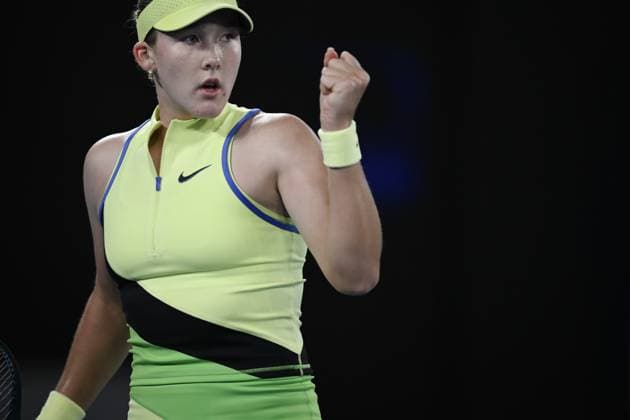 (260125) -- MELBOURNE, Jan. 25, 2026 -- Mirra Andreeva celebrates scoring during the women s singles 4th round match between Elina Svitolina of Ukraine and Mirra Andreeva of Russia at the Australian Open tennis tournament in Melbourne, Australia, Jan. 25, 2026. (Photo by Xinhua) (SP)AUSTRALIA-MELBOURNE-TENNIS-AUSTRALIAN OPEN-WOMEN S SINGLES WangxShen 